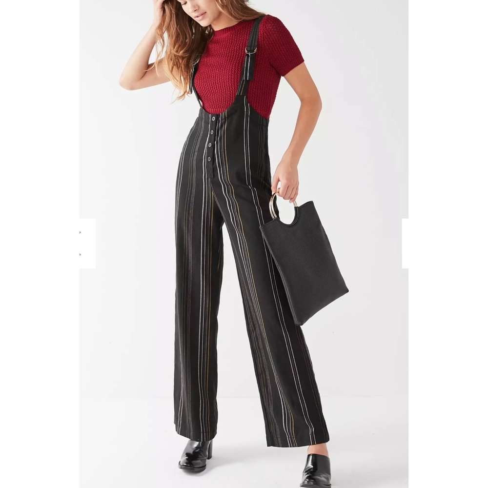 Urban Outfitters Striped Jumpsuit Black Wide Leg Billie Suspender Overall sz‎ M